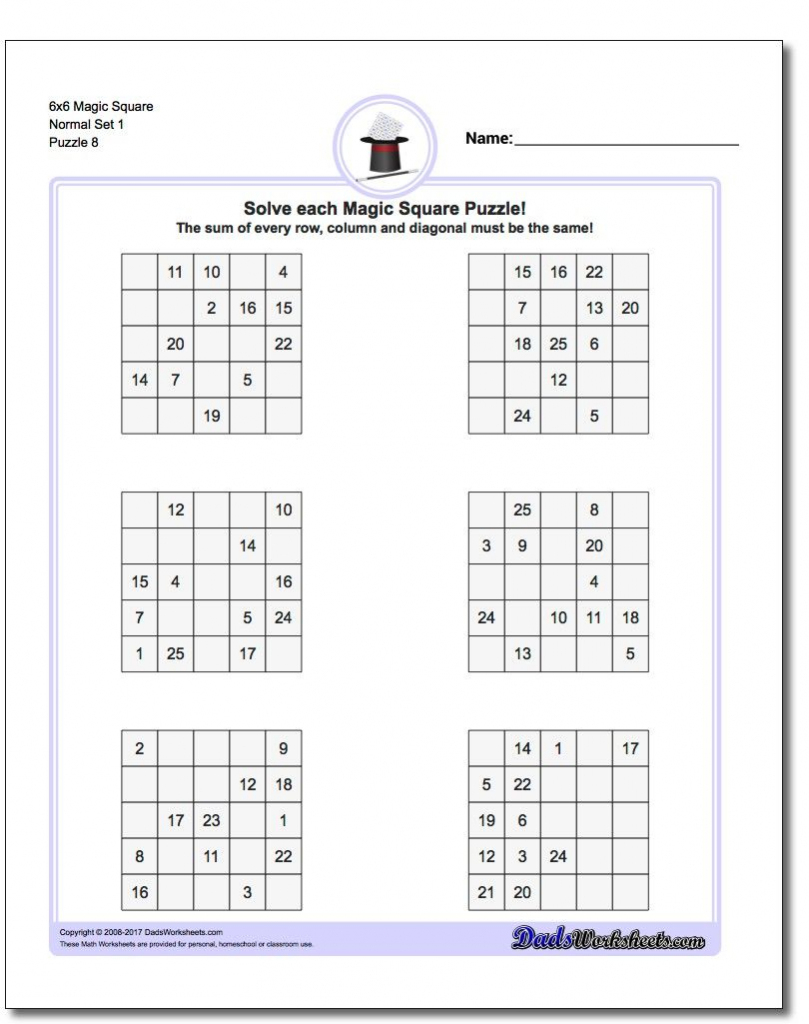 6X6 Magic Square Normal Set 1 Worksheet #magic #square #worksheet | Sudoku Printable Tes