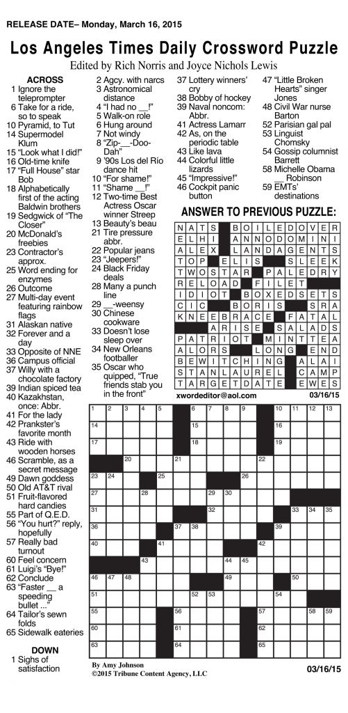 Sample Of Los Angeles Times Sunday Crossword Puzzle ...