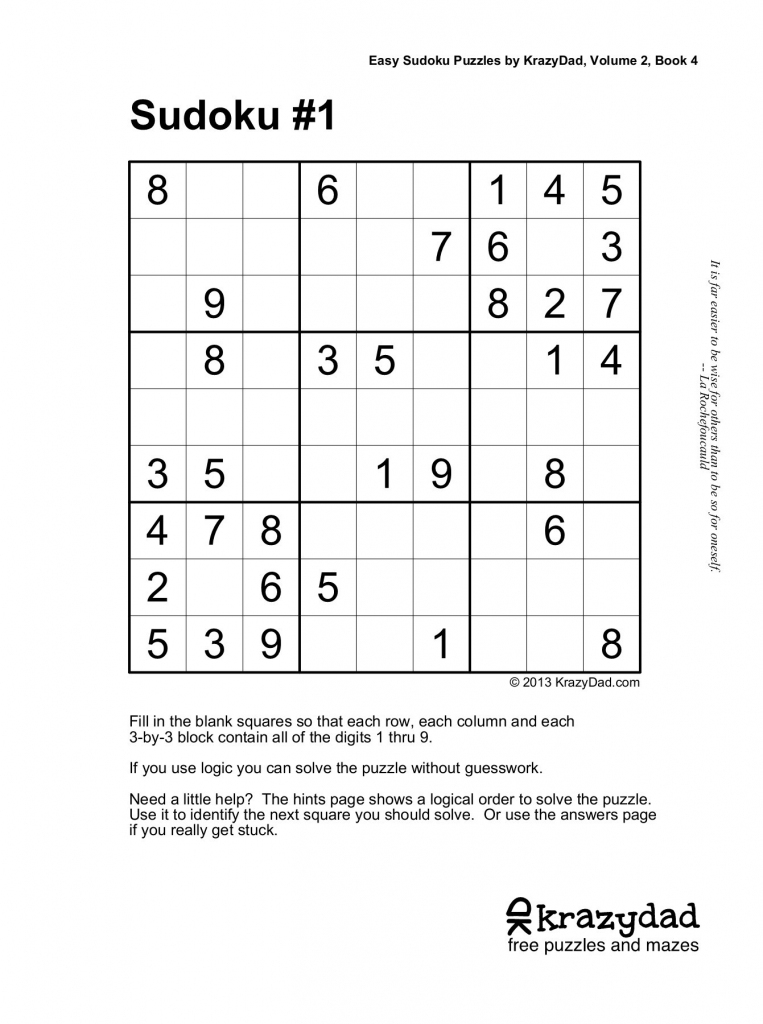 Easy Sudoku Puzzleskrazydad, Volume 2, Book 4 Pages 1 - 10 | Krazydad Printable Sudoku