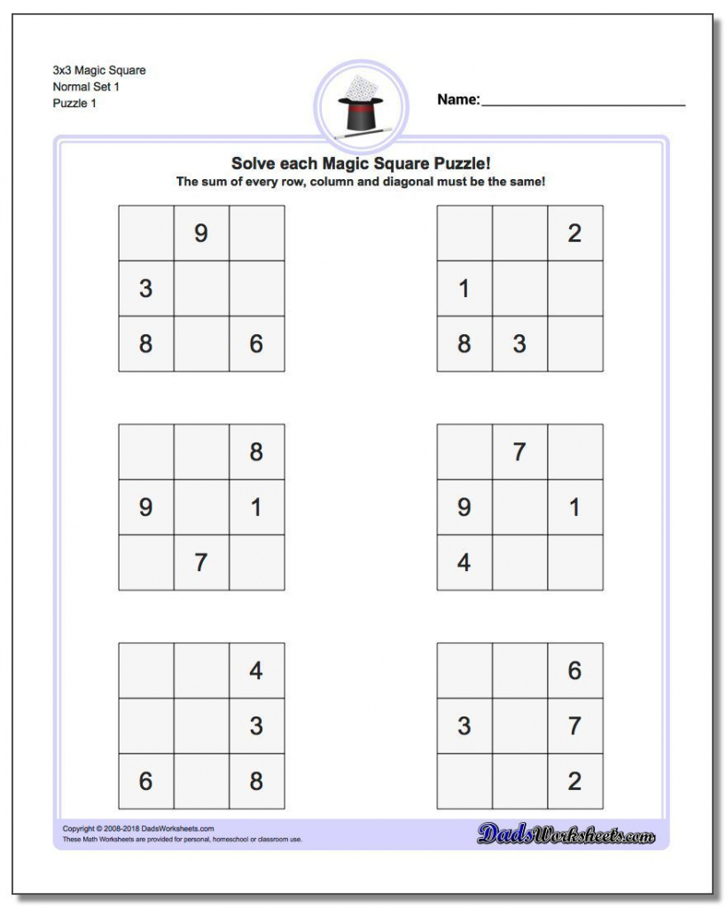 Magic Square Puzzles This Page Has 3X3, 4X4 And 5X5 Magic Square | Printable Games Like Sudoku