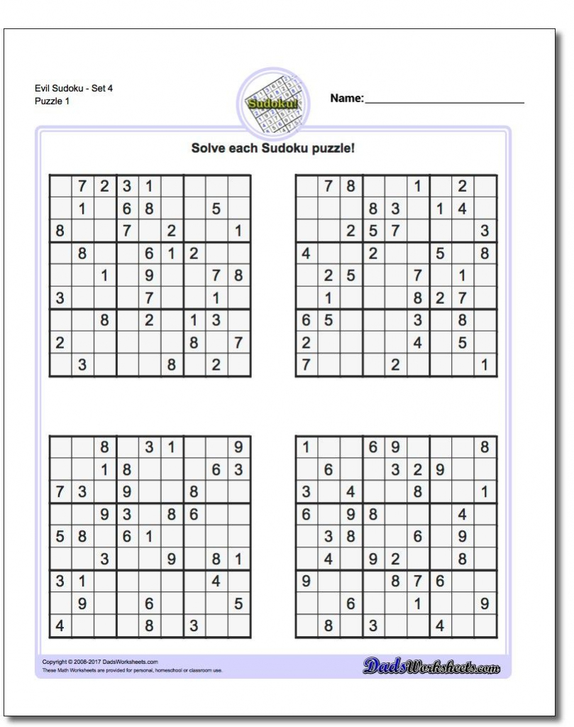 Printable Evil Sudoku Puzzles | Math Worksheets | Sudoku Puzzles | 4 Printable Sudoku Puzzles