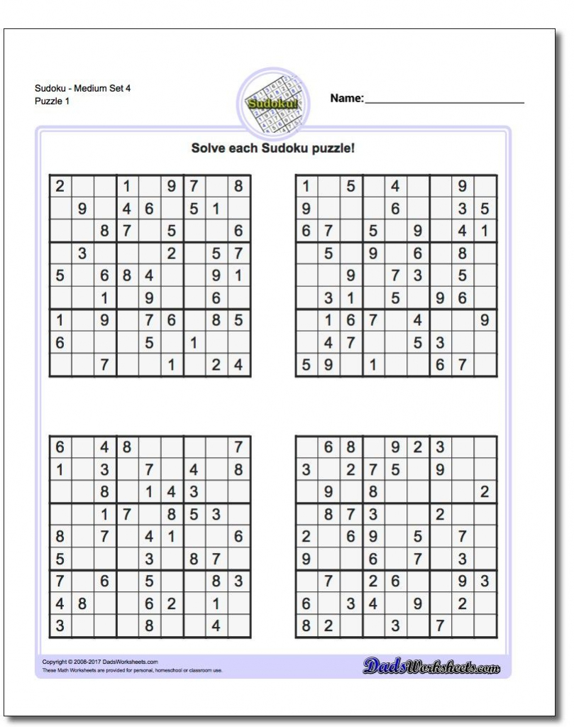 Printable Medium Sudoku Puzzles | Math Worksheets | Sudoku Puzzles | 4 Printable Sudoku Per Page