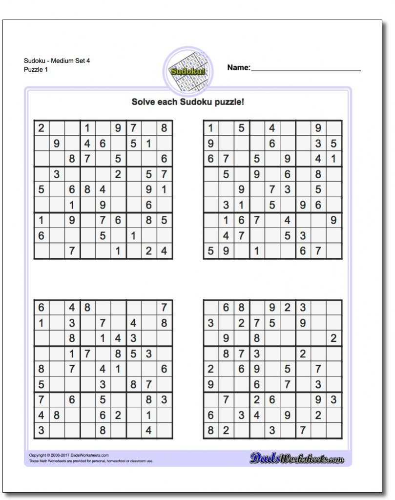 Printable Medium Sudoku Puzzles | Math Worksheets | Sudoku Puzzles | Printable Sudoku Puzzles 4 Per Page