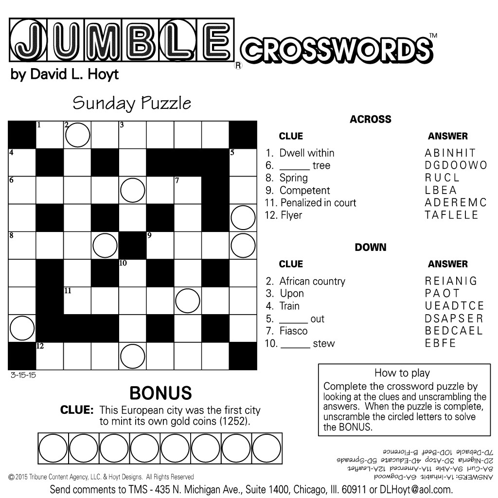 Sample Of Square Sunday Jumble Crosswords | Tribune Content Agency | Printable Sudoku Chicago Tribune