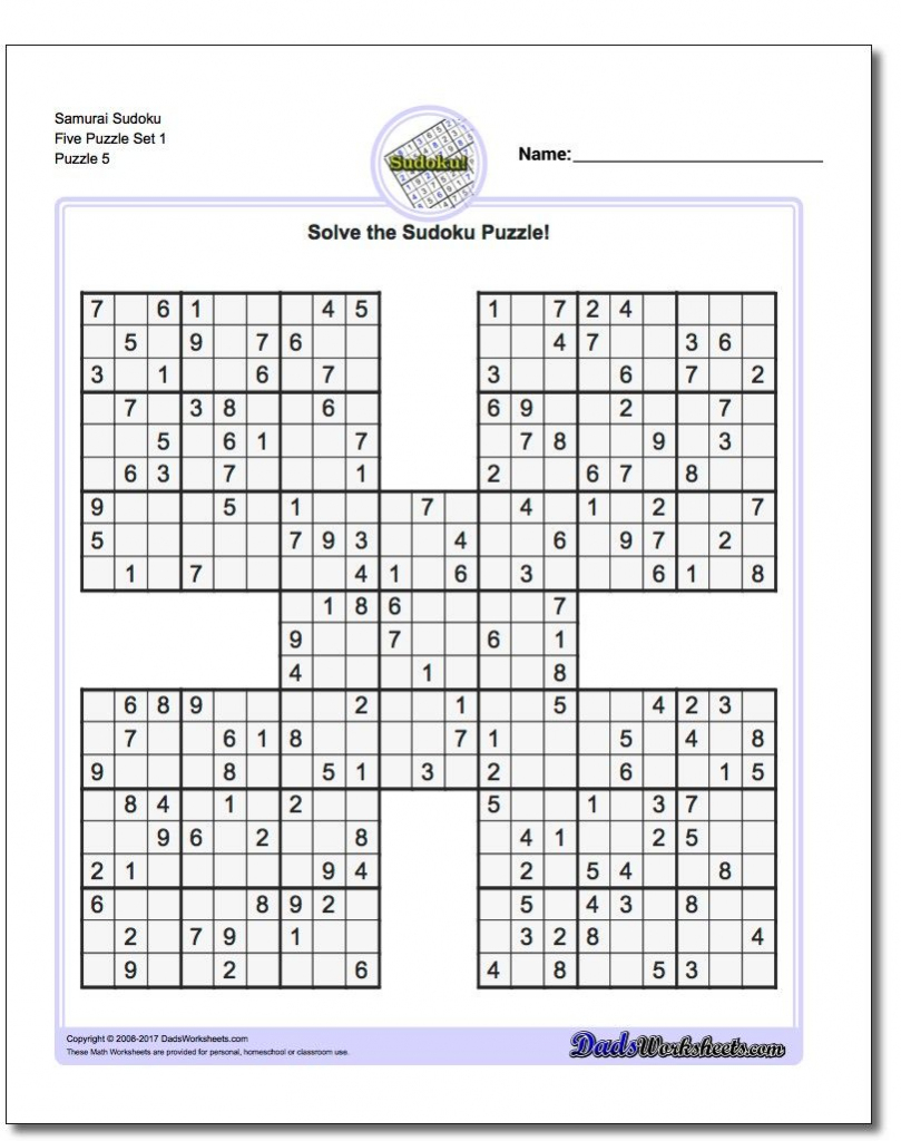 Samurai Sudoku Five Puzzle Set 1 #sudoku #worksheet | High Five | High 5 Sudoku Printable