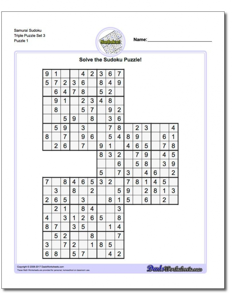 Samurai Sudoku Triples | Math Worksheets | Sudoku Puzzles, Math | 6 Square Sudoku Printable
